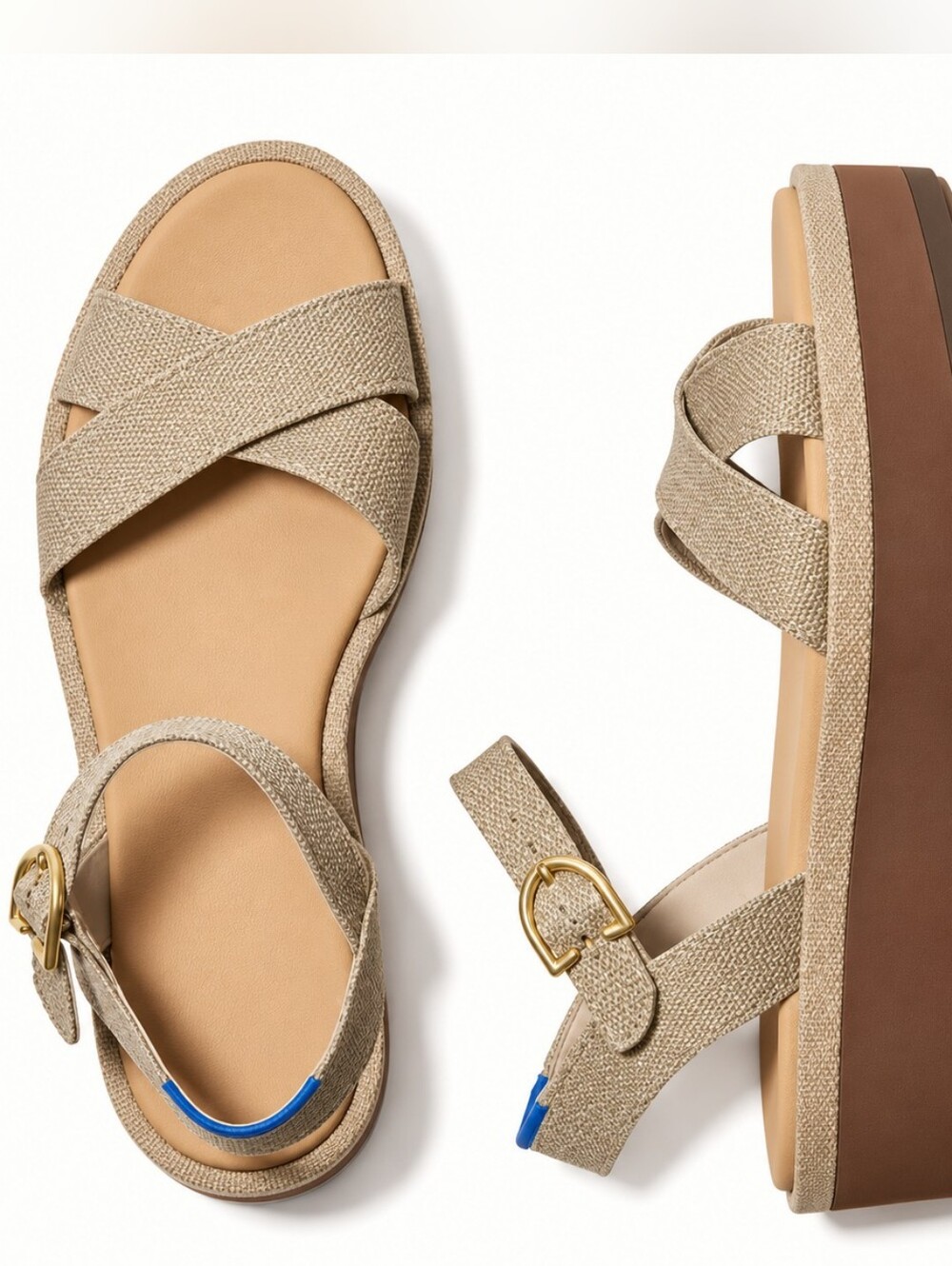 NEW ROTHYS Beige Criss Cross Lightweight Platform Wedge Metallic Vacation Sandal